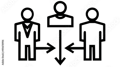 Business collaboration and communication network icon with three connected individuals, illustrating teamwork and social interaction