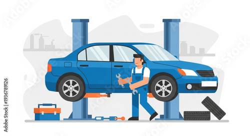 Automotive Repair Technician Working on Car Under Lift.