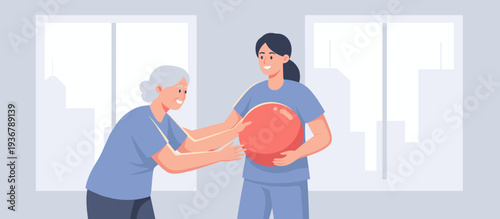 Elderly woman playing with fitness ball with caregiver indoors  