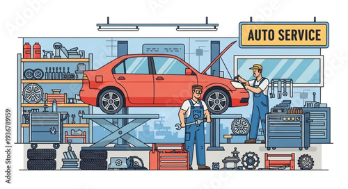 Automotive Repair Shop with Car on Lift.