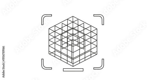 3D Wireframe Cube Grid Structure in Focus Frame, Abstract Geometric Digital Technology Concept, Futuristic UI Element for Design