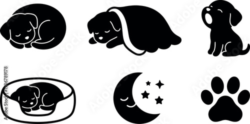 Minimalist vector puppy icons sleeping dog curled blanket bed paw moon stars silhouette set for pet design logo sticker children