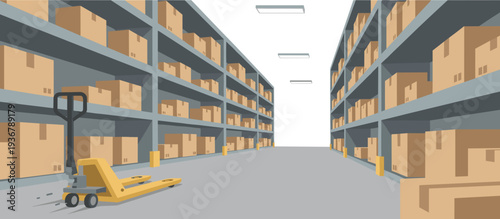 Warehouse interior with stacked boxes and pallet jack in aisle  