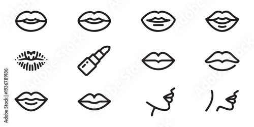 Set of outline lips icons, kiss print and lipstick, various expressions, black lines on white background