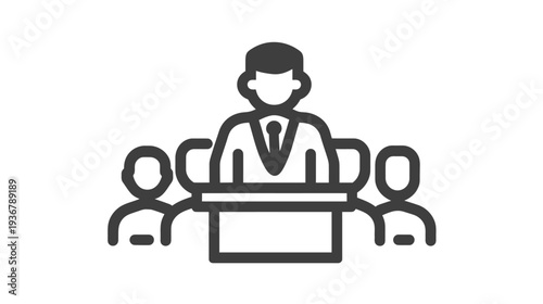 Public Speaking Icon. Presenter at Podium with Audience. Business Conference, Seminar, Meeting, and Training Vector Illustration.