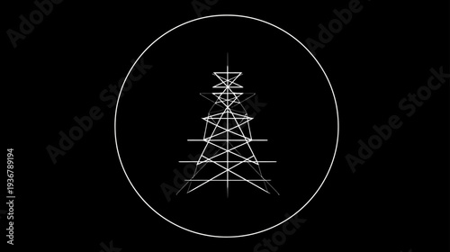 Sleek White Line Art Telecommunication Tower Icon, Abstract Network Connection Symbol on Black Background