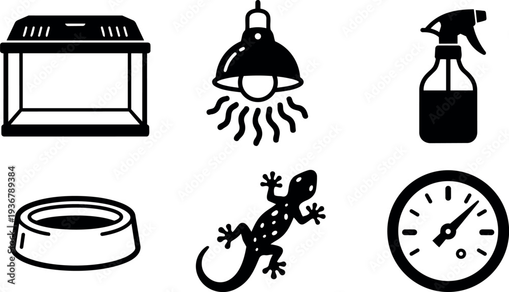 Fototapeta premium Minimalist vector reptile terrarium icons set showing glass tank heat lamp spray bottle water dish lizard hygrometer side view top