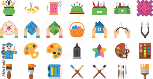 Arts and Crafts Icon Set with Sewing Tools Painting Supplies Knitting Materials Handmade Decoration and Creative Hobby Equipment Vector Collection.