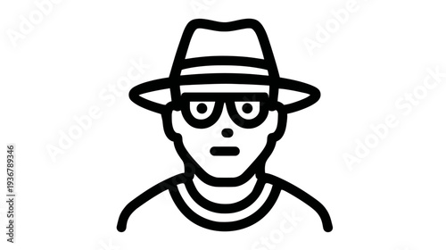 Minimalist Line Art Icon of a Mysterious Person Wearing a Fedora Hat and Glasses. Anonymous Character Outline, Secret Agent Symbol.