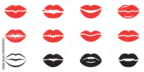 Set of lips icons in different shapes and styles, red and black colors isolated on white background