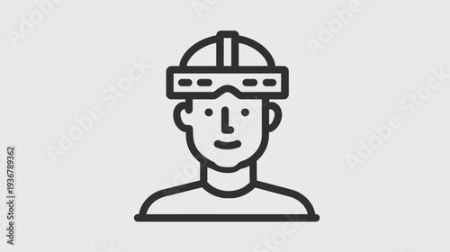 Man wearing virtual reality headset icon. User avatar with VR goggles. Metaverse digital experience outline symbol.