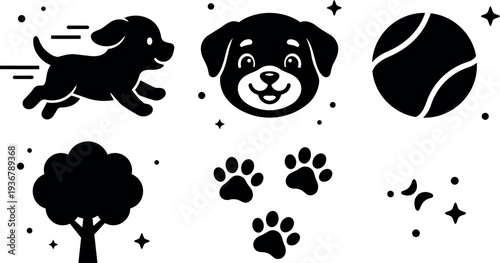 Flat vector puppy running left with smiling face and tennis ball icons paw prints tree minimalist silhouette black icon set