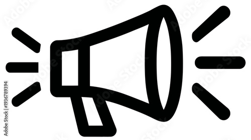 Black outline megaphone icon with sound waves, symbolising announcement, communication, marketing, attention, and public speaking.