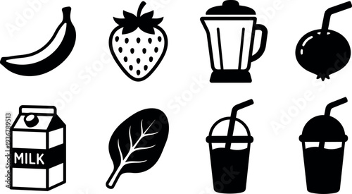Flat design close up set of fruit and smoothie icons banana strawberry blender coconut milk carton spinach two cups vector
