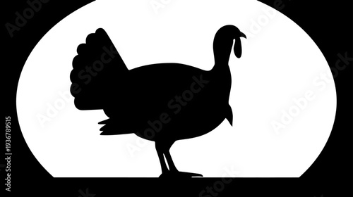 Black Silhouette of a Domestic Turkey Bird Profile Against a White Oval Spotlight for Thanksgiving or Holiday Designs
