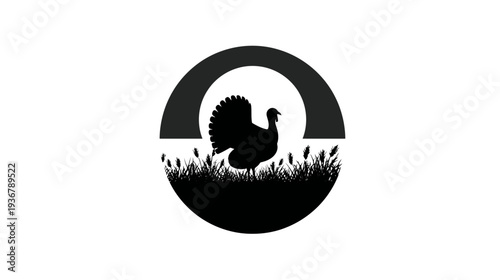 Elegant Wild Turkey Silhouette Emblem with Full Tail Feathers, Standing in Tall Grass and Semicircle Arch Design Element