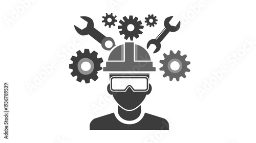 Technical expertise icon: Engineer or mechanic in hard hat and safety goggles with gears and wrenches, symbolizing industrial skill, maintenance, and problem-solving.