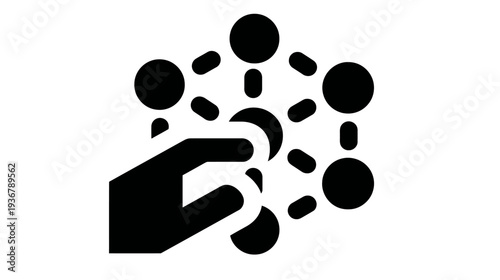 Hand interacting with a network of connected nodes icon, symbolizing collaboration, connectivity, data management, and digital systems.