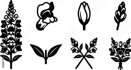 Flat design botanical icon set close up floral silhouettes lavender tulip wheat sprig bouquet arranged on white background minimal style