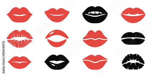 Collection of red and black female lip icons showing different facial expressions for makeup advertisement