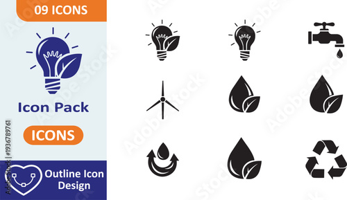 Eco friendly icons with recycling symbol and leaf outline