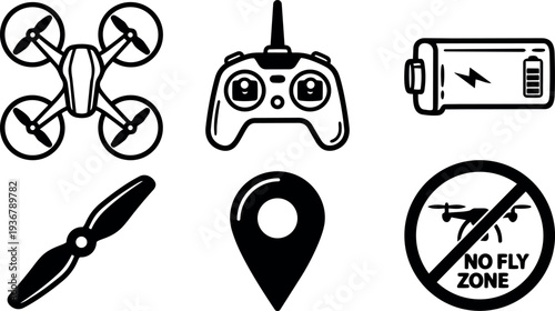 Line art top view quadcopter icons set with remote controller battery propeller location pin and no fly zone sign outline