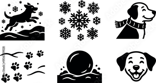 Minimalist icon set playful dog winter icons with paws snowflakes smiling faces and snowball scene flat vector portrait head badges