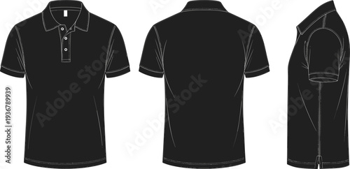 Black Polo Shirt Front Back and Side View Clothing Vector Illustration