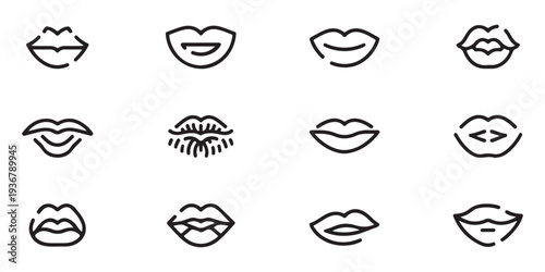 Set of lips icons, vector line art illustration with various mouth expressions and shapes isolated on white