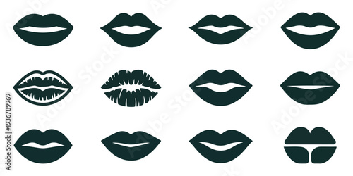 Set of dark green female lip silhouettes with textured kiss marks for elegant beauty and cosmetics design