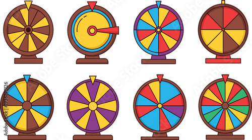 Colorful Prize Wheel Spinner Icon Set for Game Show Carnival Lucky Draw Raffle Contest Casino Promotion and Fortune Spin Vector Collection.