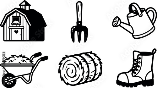 Minimalist line art vector icon set barn with heart door wheelbarrow hay bale watering can garden fork work boot detailed