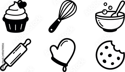 Minimalist line art icon set showing cupcake whisk mixing bowl rolling pin oven mitt and cookie arranged in neat grid vector