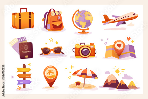 Travel set with passport, globe, air ticket, camera, plane, sunglasses, credit card, backpack, wallet, suitcase,location icon and spf cream. Adventure, tourism, vacation, trip. Vector.