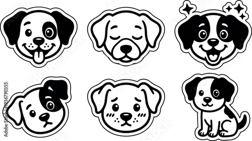 Sticker style kawaii dog face icons set six expressions flat vector art black and white simple line sticker cute sheet