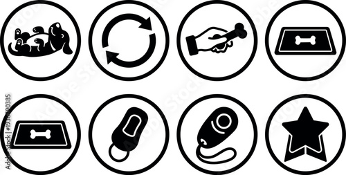 Minimalist vector pet care icon set dog bowl leash clicker paw treat training reward circular badge style flat monochrome icons