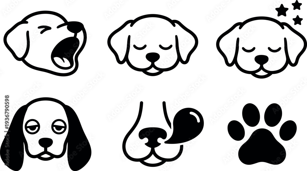 Fototapeta premium Minimalist icon set of six dog face paw print expressions including yawning sleeping sniffing tongue out dreamy stars vector icons