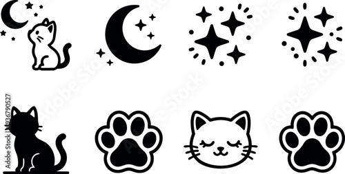 Minimalist line art cat sitting looking up with moon stars paw icons flat vector design black silhouettes simple bold linework