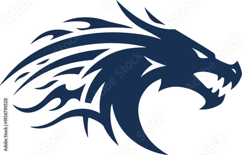 A blue wolf head with flames coming out of its mane