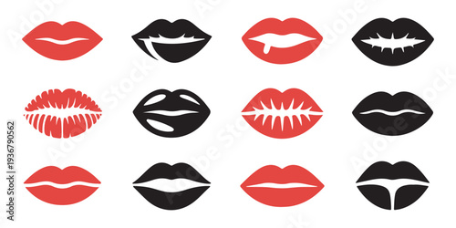Red and black lips icons for beauty and fashion applications vector illustration