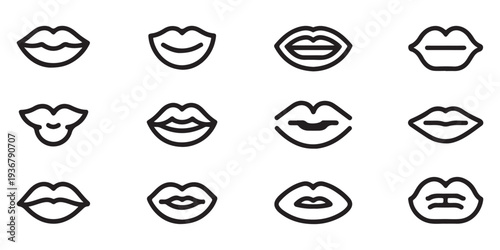 Black lip outline collection with different mouth shapes for dental health and beauty services vector set