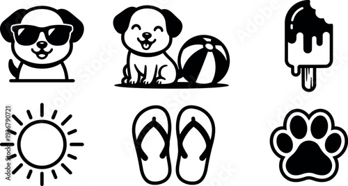 Flat design summer icon set featuring smiling dog with sunglasses dog with beach ball sun flip flops ice cream paw