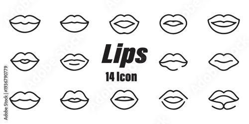 Lips icon set with fourteen different black line mouth variations for beauty salon and cosmetic brands art