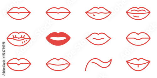 Minimalist lip line icons set featuring assorted feminine mouth contours and thin stroke red outline vector