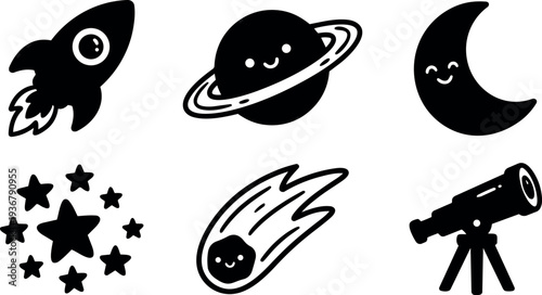 Flat design cute space icon set with smiling rocket planet moon comet and telescope arranged in landscape layout playful friendly