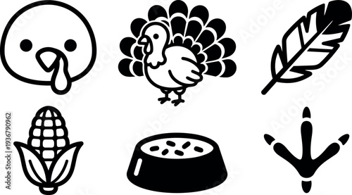 Flat design close up turkey head corn feather bowl footprint icons set thanksgiving simple black line vector isolated outline collection