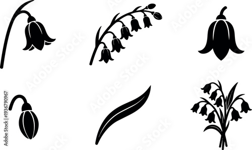 Flat design close up lily of the valley flower cluster black silhouette icons side view stems and leaves isolated decorative