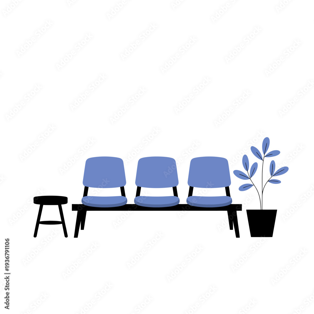 Fototapeta premium A blue bench with three seats and a plant beside it