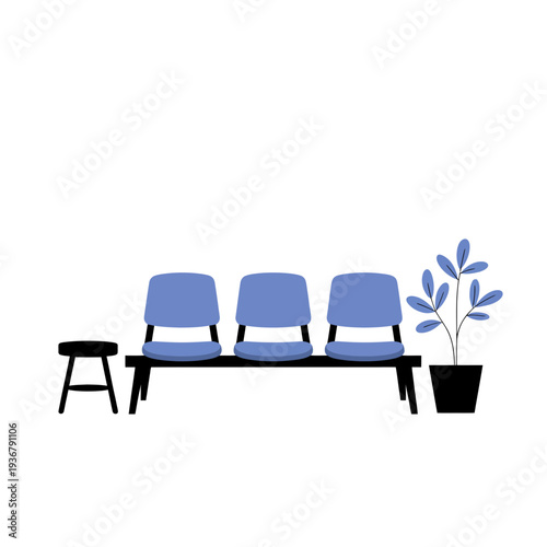 A blue bench with three seats and a plant beside it