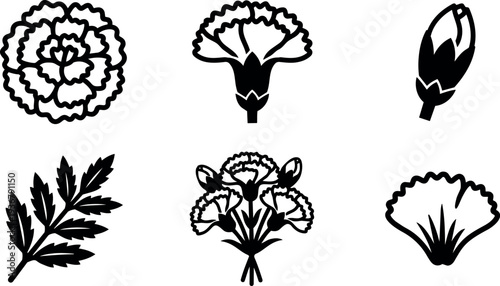 Flat design carnation icon set six black silhouettes close up top view isolated on white background minimalist vector floral elements